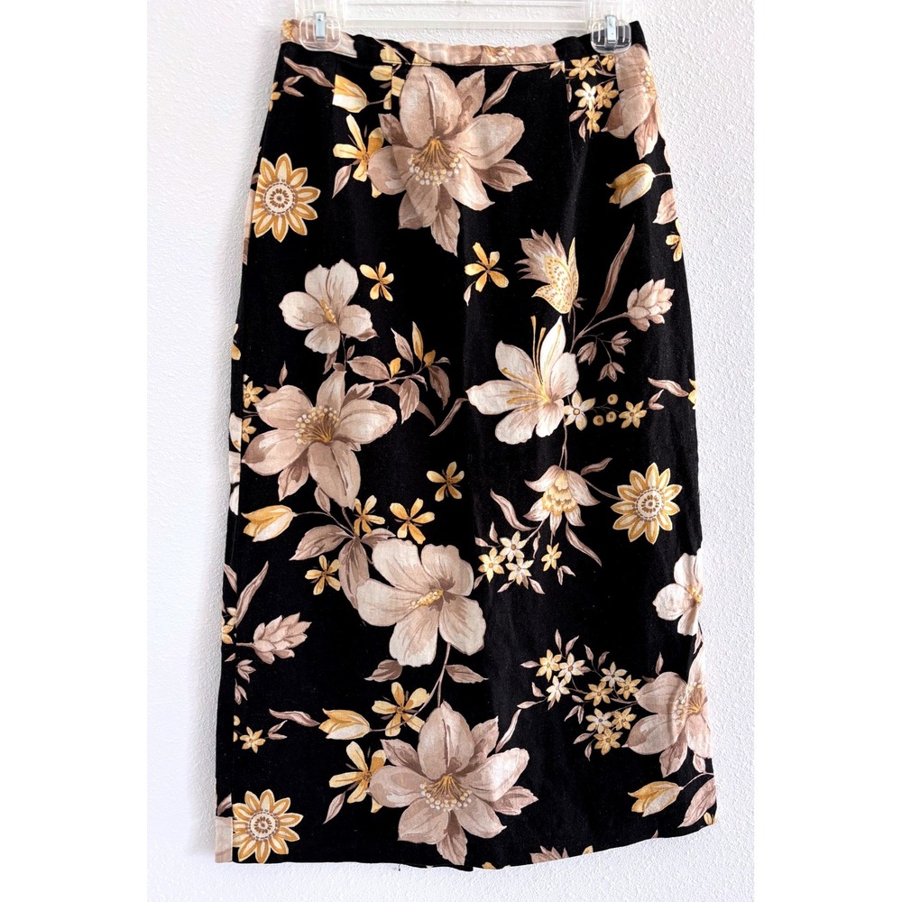 Alfred‎ Dunner Skirt Womens 6P Black Floral Linen Midi Vintage Career Coastal